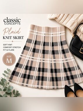 Classic Concepts Plaid Knit Fit & Flare Skirt Beige Black Size Medium